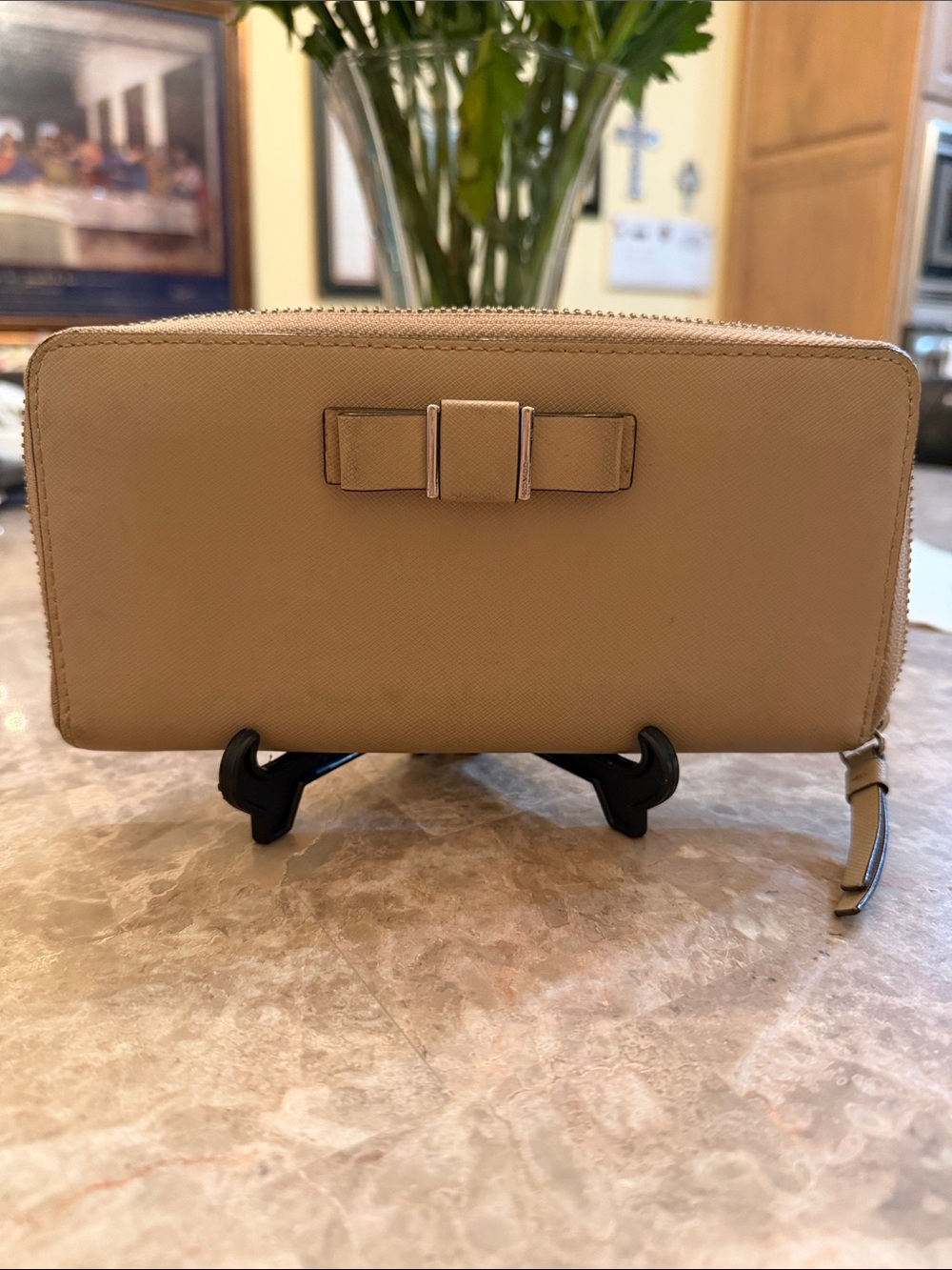 Coach Beige Taupe Leather Wallet with Bow Accent full zip